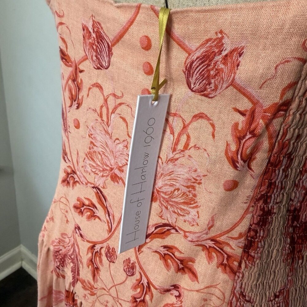 House Of Harlow 1960 Tropical Floral Pink Linen Blend Dress Sz L Sweetheart - Picture 6 of 9